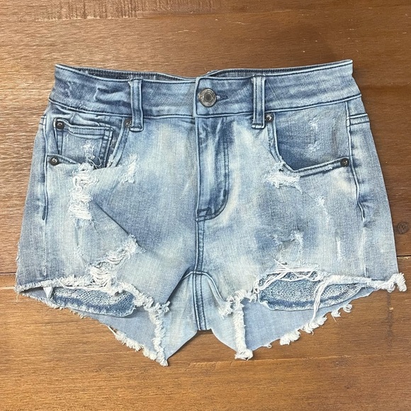 AE American Eagle Women's Hi-Rise Shortie Super Stretch X Blue Denim Shorts Sz 0 - Picture 6 of 6